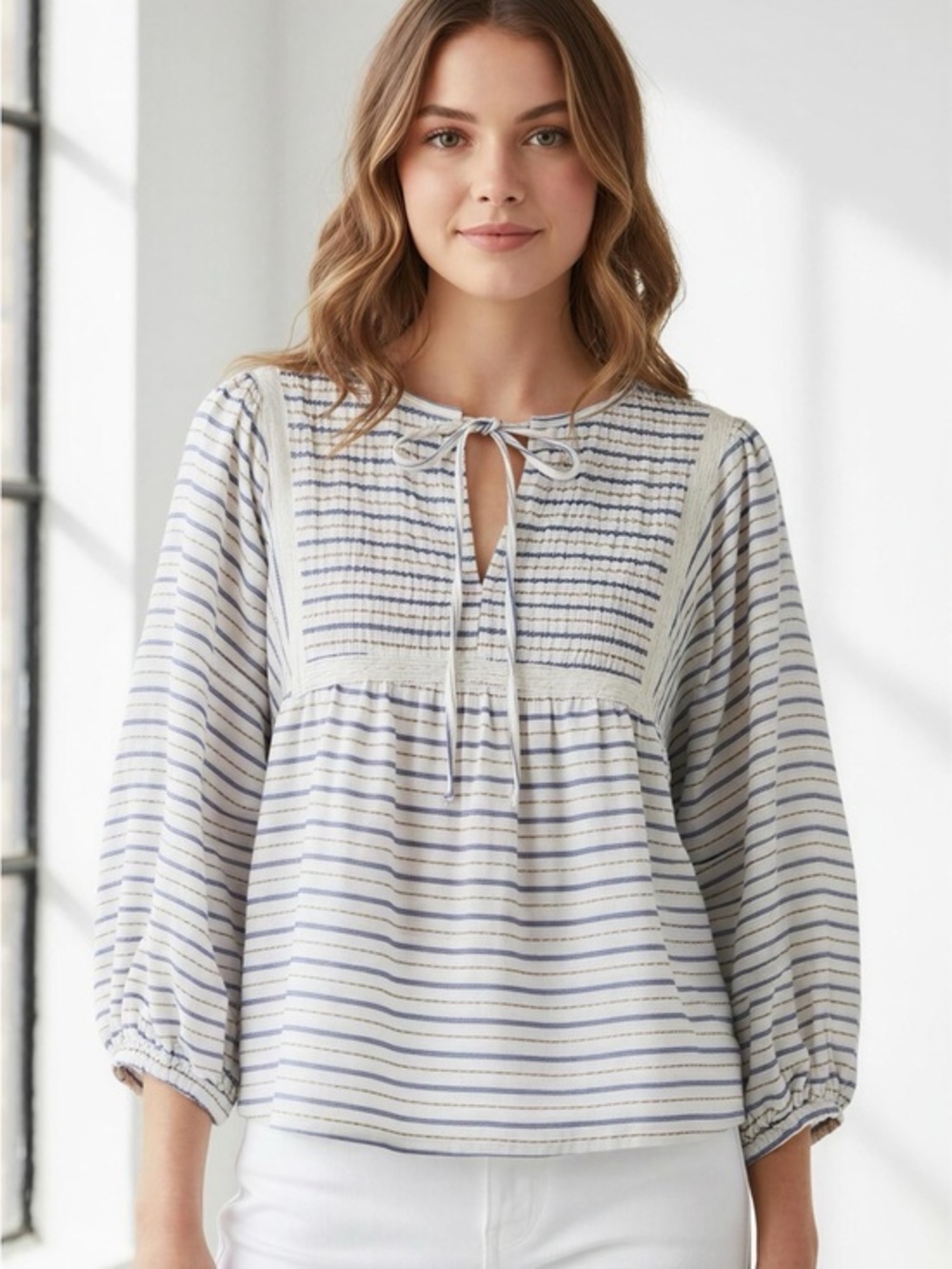 Striped Tie-Neck Peasant Blouse - Blue & Cream